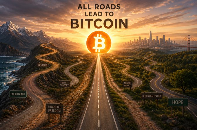 A motivational Bitcoin poster showing multiple roads leading toward a Bitcoin symbol with a city skyline, displaying 'ALL ROADS LEAD TO BITCOIN' with signs for 'UNCERTAINTY', 'INFLATION', 'SELF CUSTODY', 'FINANCIAL FREEDOM', 'SOUND MONEY', 'DECENTRALIZATION', and 'HOPE'.