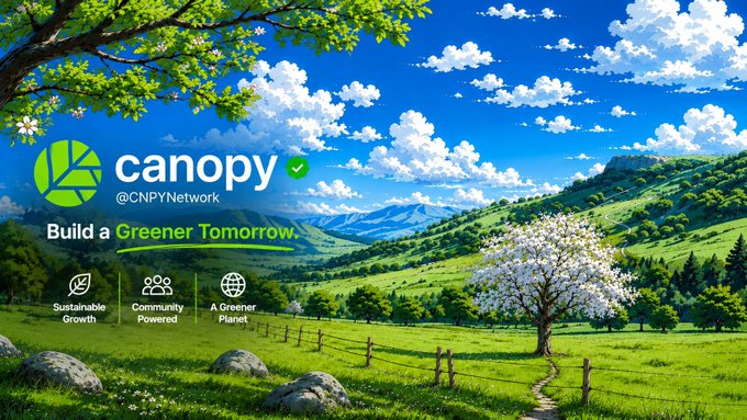 A promotional banner for "canopy @CNPYNetwork" with the slogan "Build a Greener Tomorrow" set against a lush, idyllic landscape.