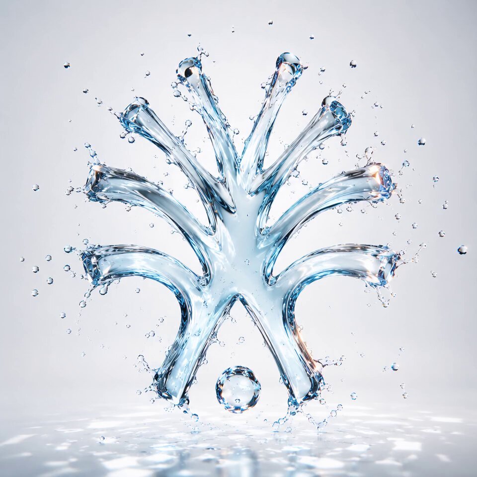The image features a water droplet with an x shape, which appears to be made of glass or plastic. The droplet has been split into multiple smaller pieces by a stylized arrow pointing downwards. This design element creates a sense of fragmentation and instability in the droplet's structure. The water droplets are scattered throughout the image, adding depth and complexity to the overall composition.
