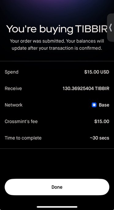 A mobile app transaction screen showing 'You're buying TIBBIR' with a spend of $15.00 USD and a receive amount of 130.36925404 TIBBIR on the Base network.