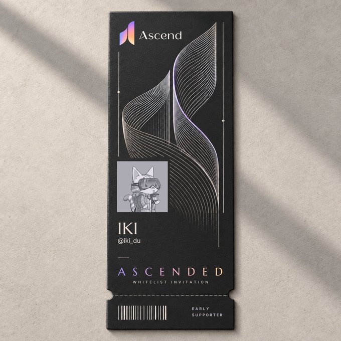 Black 'Ascend' ticket-style invitation card marked 'ASCENDED WHITELIST INVITATION' and 'EARLY SUPPORTER' for 'IKI' (@iki_du), featuring an abstract purple-and-white line graphic and a small anime-style character avatar.