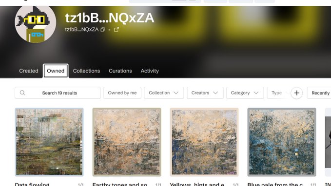 The image shows a Roblox profile page for the user "tz1bB...NQxZA" displaying their "Owned" NFT collection, which includes four 1/1 artworks from the Meta-Scapes series—titled "Data flowing," "Earthy tones and so," "Yellows, hints and e," and "Blue pale from the c"—matching the post's mention of an anonymous collector acquiring four 1/1s.