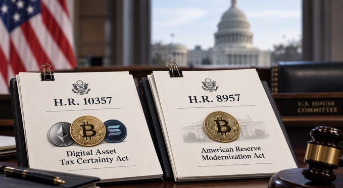 Two legislative clipboards display bills labeled "H.R. 10357 - Digital Asset Tax Certainty Act" and "H.R. 8957 - American Reserve Modernization Act," each featuring Bitcoin and cryptocurrency imagery, set against a backdrop of the U.S. Capitol and an American flag. The image illustrates the post's point that while the CLARITY Act stalled in the Senate, other significant U.S. crypto legislation continues to advance.