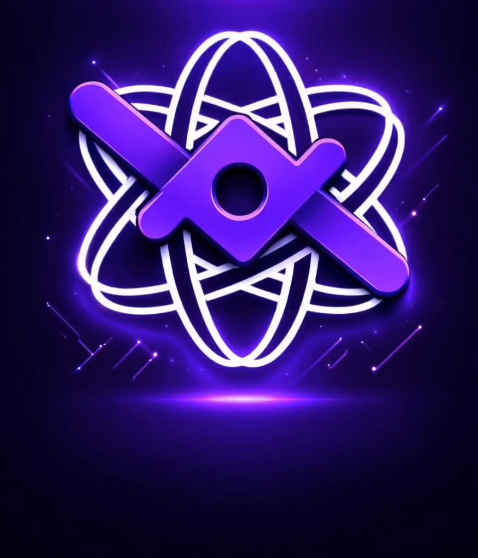 The image features an abstract design of a purple atom with a white center, surrounded by white lines that create a sense of depth and dimension. The background is dark blue, which contrasts with the vibrant purple color of the atom. The image also includes text elements such as "The Long Game Between Xpr Network and #LOAN Protocol" and "#LoanProtocol".