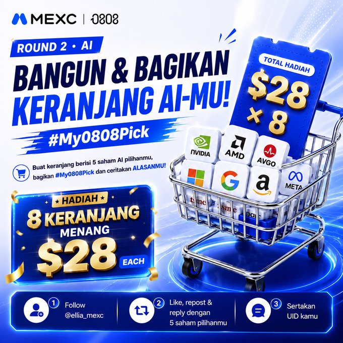 The image shows a MEXC promotional graphic for their "Round 2 · AI" campaign titled "Bangun & Bagikan Keranjang AI-Mu!" (#My0808Pick), featuring a shopping cart filled with AI-themed cubes representing stocks like NVIDIA, AMD, AVGO, META, Microsoft, Google, and Amazon, with a prize pool of $28 + 8 totaling $28 each for 8 winners. The instructions in the graphic direct users to follow @ellia_mexc, like/repost/reply with 5 stock picks, and include their UID to participate by August 31, matching the accompanying post about sharing stock picks to win 28 USDT rewards.