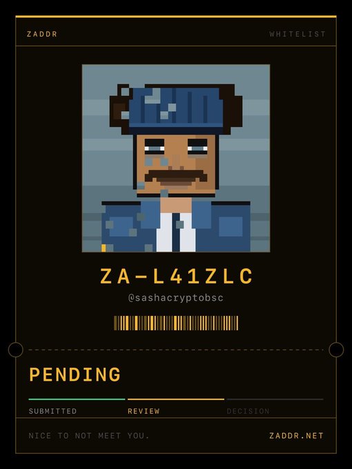 A pixel art 'ZADOR WHITELIST' card featuring a character wearing a blue VR-style headset, with the identifier 'ZA-L41ZLC', the handle '@sashacryptobsc', a barcode, and a 'PENDING' status showing progress between 'SUBMITTED' and 'REVIEW', branded 'NICE TO NOT MEET YOU. ZADDR.NET'.