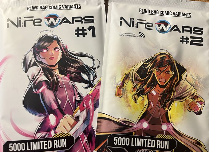 Two 'NiFe Wars' blind bag comic variants, #1 and #2, are displayed in their packaging, each featuring a female character and labeled as a 5000 limited run.