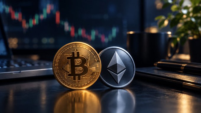 Physical Bitcoin and Ethereum coins stand on a reflective surface in front of a laptop displaying a candlestick trading chart.