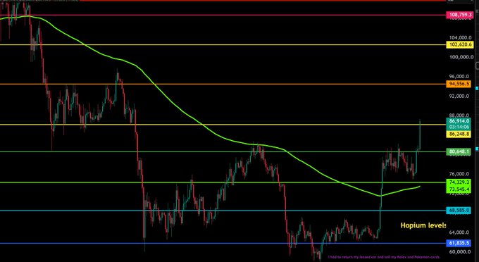 A Bitcoin candlestick chart displays a recent strong rally, with price surging past the $80,214.02 resistance level toward $86,244.62 and $88,404.68, reflecting the crypto pump referenced in the post about Bitcoin rallying despite the poster's depressed mood.