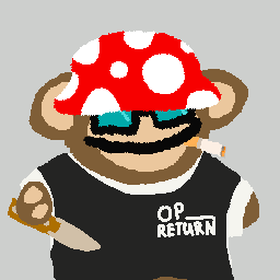 A pixel art character with a red and white spotted mushroom cap, sunglasses, and a mustache, wearing a black shirt that reads 'OP RETURN'.