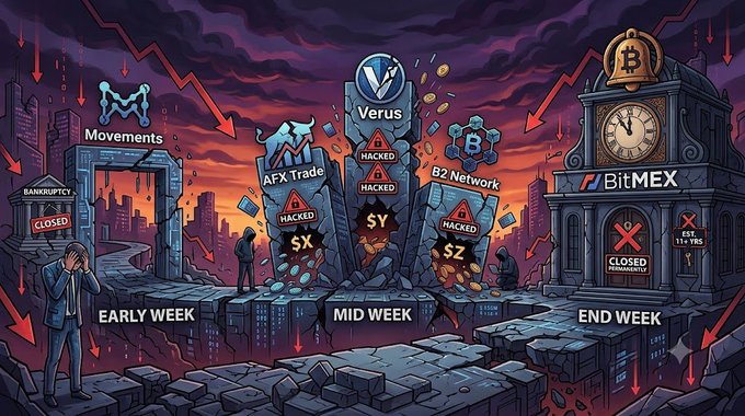 An illustrated crypto news graphic depicting a crumbling cityscape with sections labeled 'EARLY WEEK' (Movements), 'MID WEEK' (Verus, AFXTrade, B2·Network all marked HACKED), and 'END WEEK' (BitMEX).