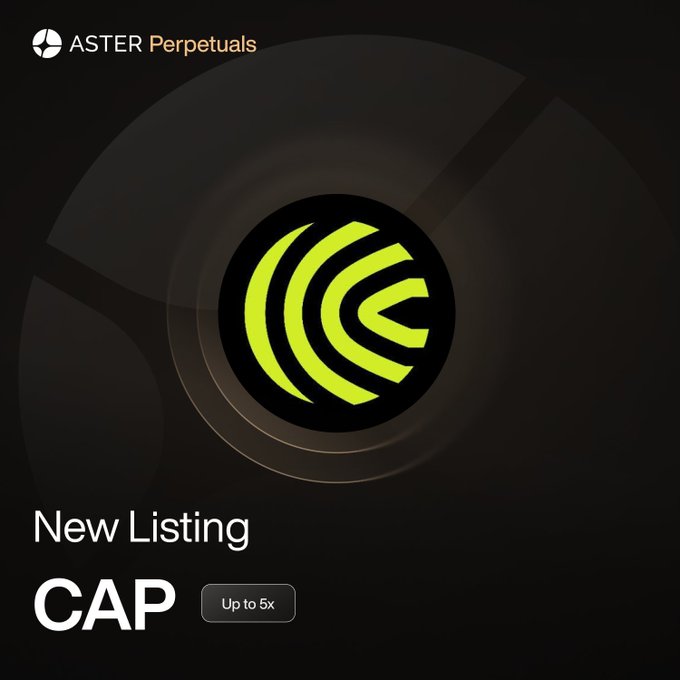 Aster DEX promotional graphic announcing a new perpetual futures listing for $CAP with up to 5x leverage, featuring the ASTER Perpetuals logo at the top and the CAP token's neon green emblem centered against a dark background.