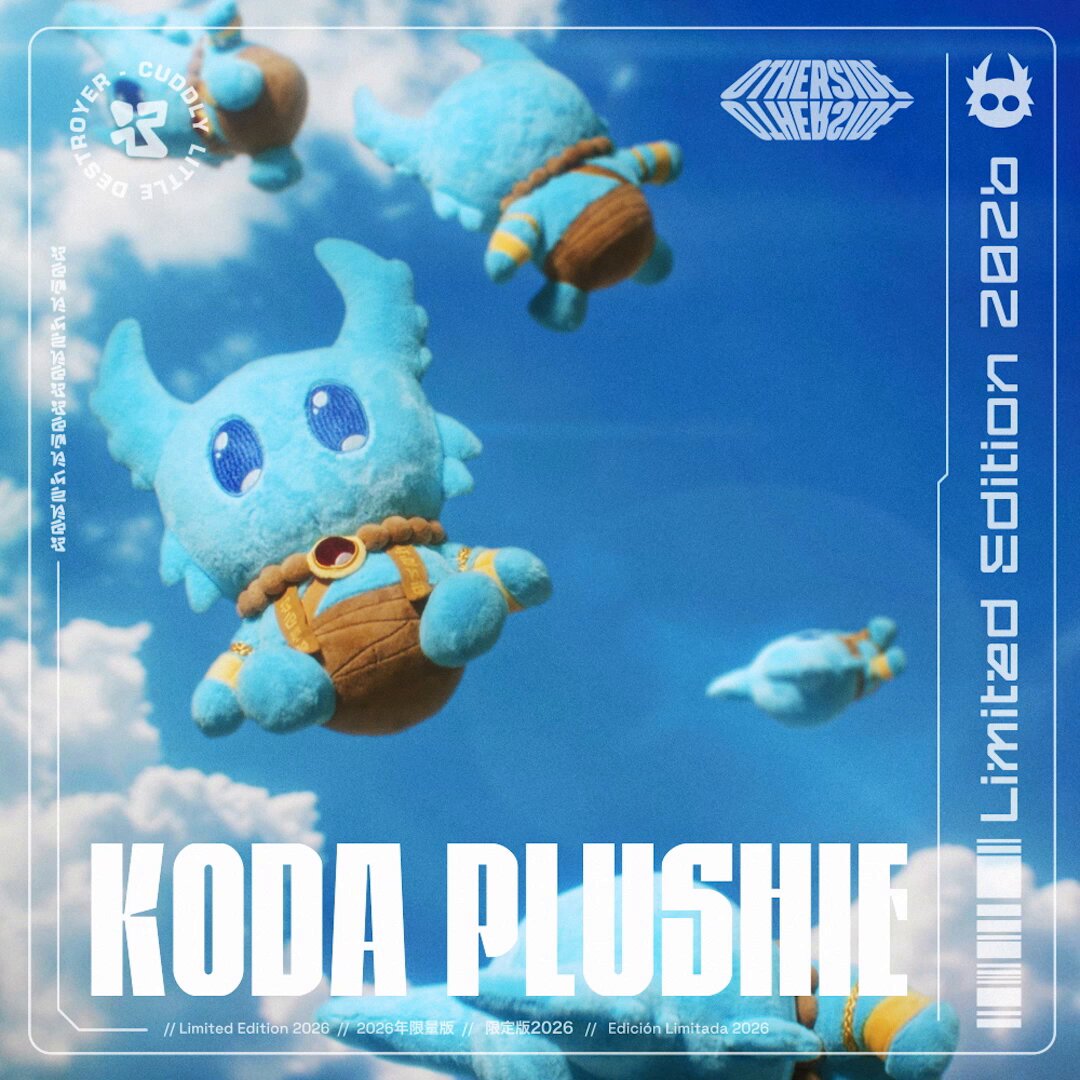 The image features a blue plushie flying through the air with the text "KODA PLUSHIE" written above it. The background of the image shows a sky filled with clouds, creating an atmosphere reminiscent of a cloudy day or a clear blue sky. The image also includes a caption that reads "The KODA plushie sale is LIVE. 12-12:30 PM ET: Early access for Koda & Otherdeed holders 12:30PM ET: Public sale opens 1,111 limited edition ❤️ holders, you only need Glyph."