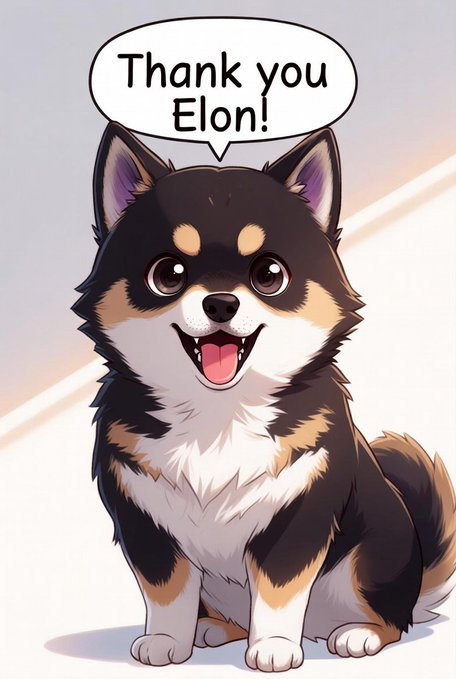 The image features a small black and tan dog sitting next to a white wall, with its tongue out as if panting or smiling. The background of the image is white, which contrasts nicely with the dog's fur color. In the top right corner of the image, there is an upward-pointing speech bubble that reads "Thank you @elonmusk". This text seems to be a part of a larger post or message related to Elon Musk and his work.