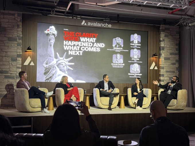 A panel discussion at an Avalanche event titled 'THE CLARITY VOTE: WHAT HAPPENED AND WHAT COMES NEXT,' featuring five panelists seated on a stage with an audience watching.