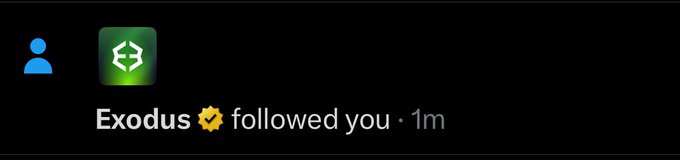A notification showing that a verified account named "Exodus" with the handle @exodus followed you 1 minute ago. The image relates to the accompanying post by visually confirming the @exodus account, whose details the community note likely clarifies or contextualizes.