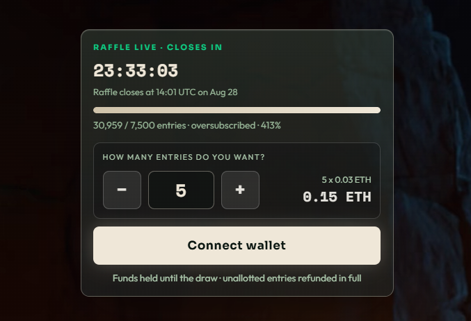 A cryptocurrency raffle interface displays a live countdown of 23:33:03 until closure on Aug 28 at 14:01 UTC, showing 30,959 of 7,500 entries oversubscribed at 413%, with 5 entries priced at 0.15 ETH and a "Connect wallet" button. The image aligns with the post's claim of rapidly sending 30,000+ transactions at 0.03 ETH each, illustrating an oversubscribed raffle with significant accumulated funds.