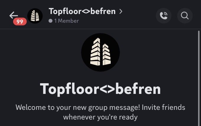 A screenshot of the Topfloor<>befren group chat, currently showing 1 member and 99 unread notifications. The post announces that TopfloorFun has been secured for the frens with an 888 supply, all 1/1 free mint spots, soon to be available through BeFrenDAO.