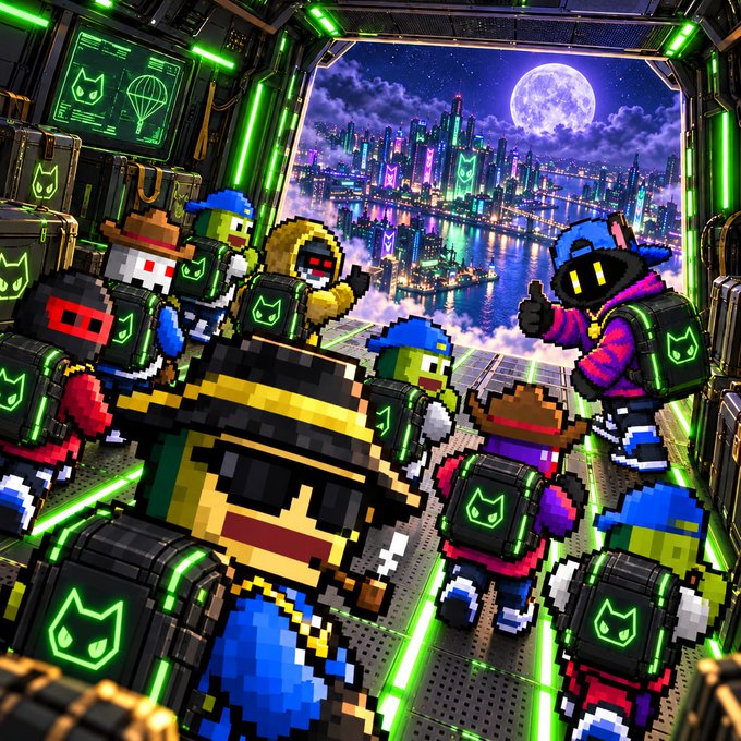 A vibrant pixel-art illustration shows a group of voxel characters wearing green backpacks with cat logos inside a futuristic spaceship, looking out at a neon-lit city skyline beneath a large full moon.
