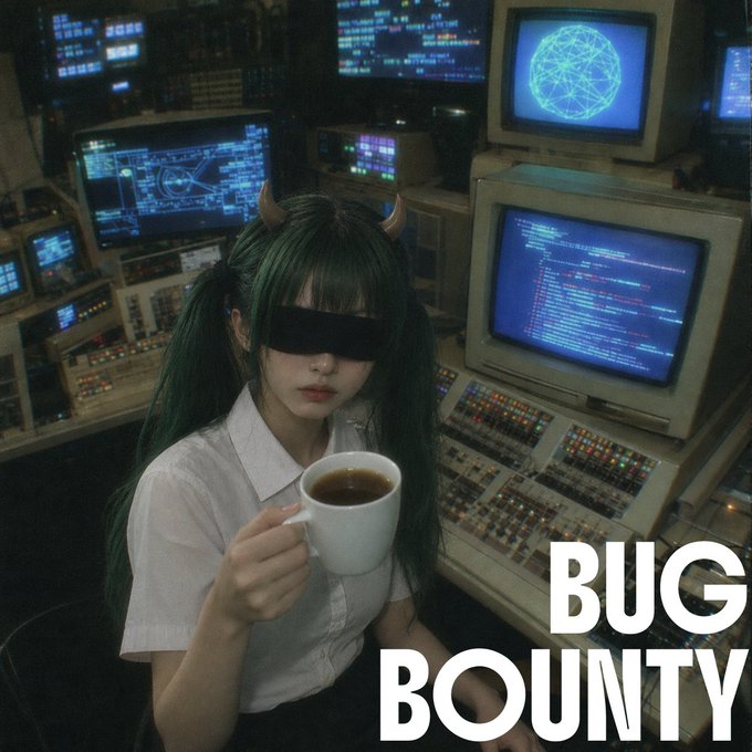 An anime-style illustration of a girl with green hair and horns holding a coffee mug in front of vintage computer monitors displaying code and graphics, labeled 'BUG BOUNTY'.