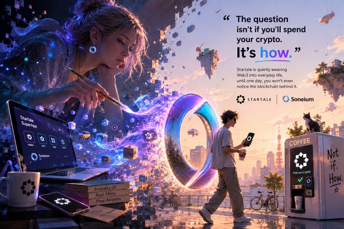 A digital art promotional image featuring a woman painting with crypto-themed elements, with text reading 'The question isn't if you'll spend your crypto. It's how.' and branding for Startale and Soneium.