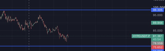 A dark-themed financial candlestick chart displaying the ticker HYPEUSDT.P with price levels including 98.305, 89.944, and 81.361.