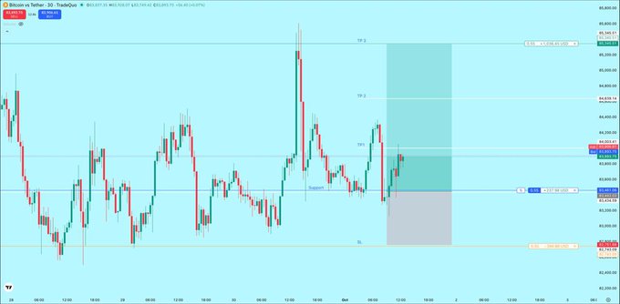 A Bitcoin/Tether 30-minute trading chart on TradingView showing candlestick price action with technical analysis levels marked.