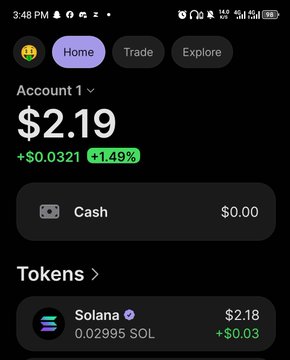 A mobile app screenshot showing an account balance of $2.19 (+$0.0321, +1.49%) with a holdings display for Solana showing $2.18.