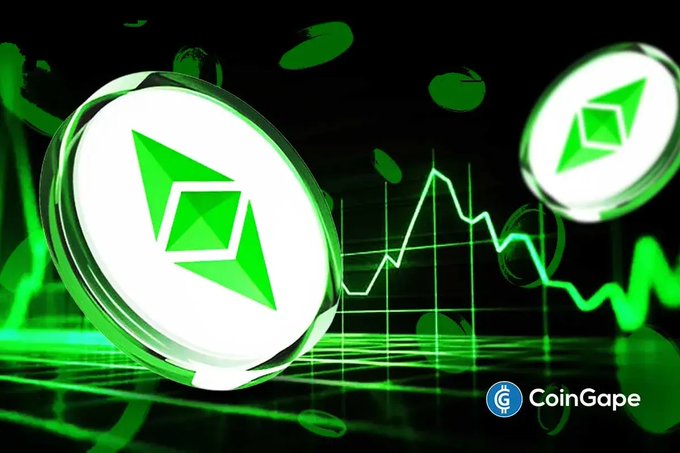 A promotional graphic from CoinGape featuring two large 3D-rendered green coins with a diamond-like logo against a background of a green stock market line chart trending downwards.