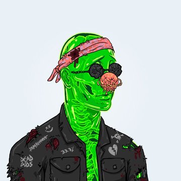 A green-skinned zombie-like figure wears a red bandana, dark sunglasses, and a pink nose, dressed in a torn black jacket covered in graffiti and markings like "33-3y" and "5*5". The edgy, grimy aesthetic pairs with the post's playful flex about questionable acquaintances, suggesting the character embodies the rough-around-the-edges type you'd vibe with despite better judgment.