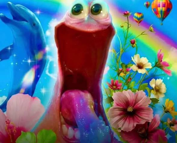 A wide-eyed, tongue-out pink creature with an enormous gaping mouth is set against a surreal, hyper-saturated backdrop featuring a dolphin, hot air balloons, rainbows, and hibiscus flowers. The chaotic, overstimulated expression mirrors the post's tone, humorously visualizing the "main runner" as a joyful, tongue-wagging character ready to be scooped up instead of fought.