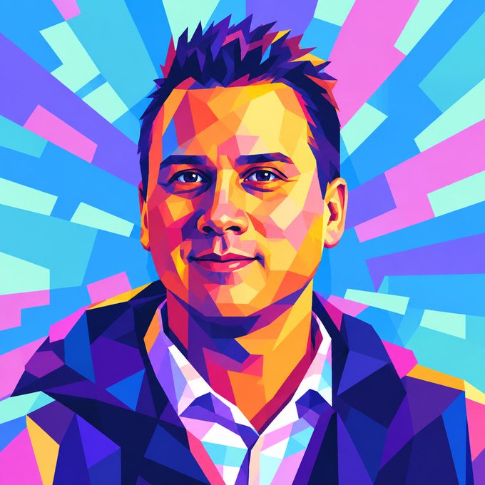 A vibrant, low-poly vector illustration of a smiling person in a suit, rendered in bright pink, yellow, orange, and blue geometric shapes against a radiating background.