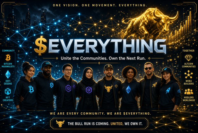 A promotional graphic reading "$EVERYTHING" with the tagline "One Vision. One Movement. Everything." and "Unite the Communities. Own the Next Run," featuring a diverse group of people wearing cryptocurrency-themed jackets (Bitcoin, Ethereum, etc.) beside a golden bull.