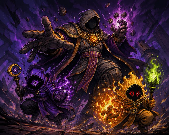 A dramatic fantasy illustration of three hooded spellcasters wielding magic, with the central, largest figure using dark purple energy while flanked by smaller figures wielding glowing blue and fire/green magic.
