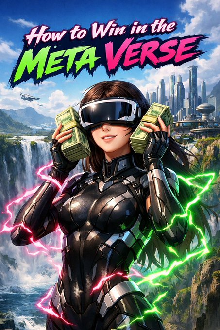 An anime-style woman in black cybernetic armor and a VR headset holds stacks of cash, surrounded by neon pink and green lightning, with the text 'How to Win in the META VERSE' displayed against a futuristic cityscape.