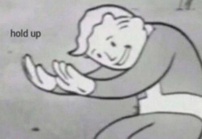 A black-and-white cartoon illustration shows a smiling man with wavy hair leaning forward with his hands cupped together, palms facing up, while the text "hold up" appears to the left of the image.