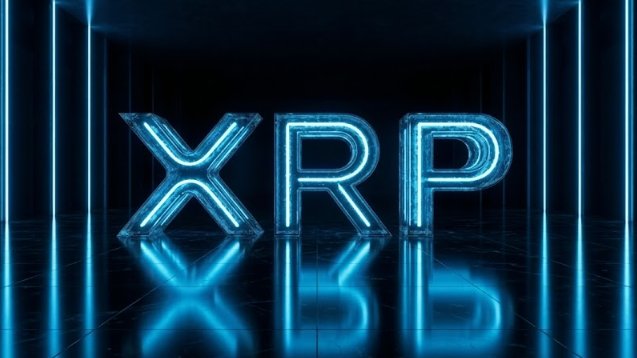 Stylized 3D neon letters spelling 'XRP' glow in blue against a dark background with matching reflections on the floor.