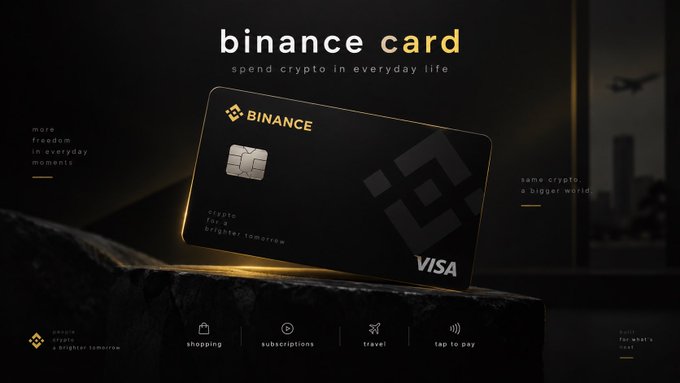 A sleek black Binance Visa credit card is displayed on a stone surface with the headline "binance card - spend crypto in everyday life," featuring the tagline "crypto for a brighter tomorrow" along with icons highlighting its use for shopping, subscriptions, travel, and tap-to-pay—visually reinforcing the post's message about using crypto for everyday transactions rather than just trading.