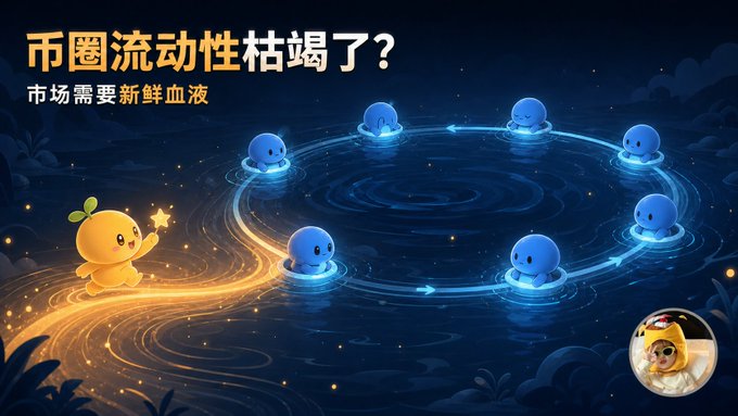 An illustration with Chinese text '币圈流动性枯竭了？市场需要新鲜血液' (Is the crypto market liquidity drying up? The market needs fresh blood) showing cute blue blob characters swimming in a pond as a yellow character approaches.