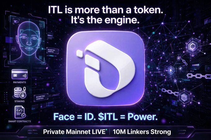 A promotional graphic for ITL token featuring the tagline 'ITL is more than a token. It's the engine. Face = ID. $ITL = Power. Private Mainnet LIVE | 10M Linkers Strong' alongside biometric verification, payments, staking, and smart contract icons.