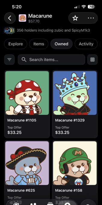 A mobile app interface showing a digital collectibles marketplace for 'Macarune' NFTs, displaying cartoon bear characters in various costumes with prices like 'Top Offer $33.25'.