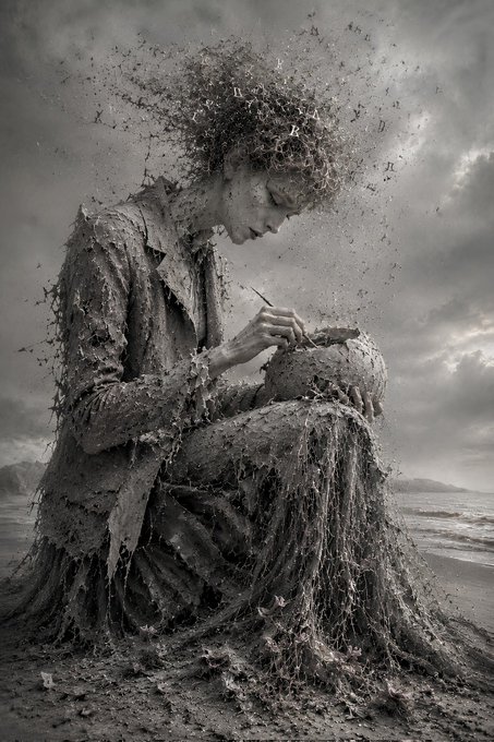 A monochromatic, surreal image depicts a humanoid figure composed entirely of earth, mud, and debris, seated on a beach while sculpting its own head with intense focus as particles fly upward into a stormy sky.