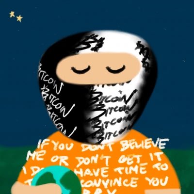 A stylized cartoon ninja character with 'Bitcoin' written all over their black hood and outfit, wearing an orange shirt with text saying 'IF YOU DONT BELIEVE ME OR DON'T GET IT I DONT HAVE TIME TO CONVINCE YOU'.