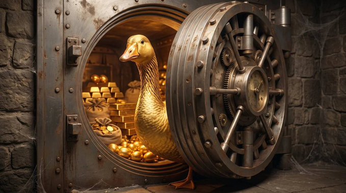 A golden duck stands inside an open, ornate metal vault filled with gold bars and coins, set within a stone wall covered in cobwebs.
