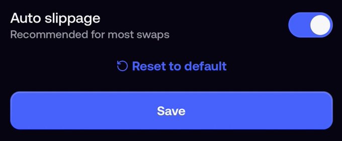 A settings interface displays an "Auto slippage" toggle labeled "Recommended for most swaps" in the on position, alongside a "Reset to default" option and a prominent blue "Save" button—directly illustrating fomo's newly released custom slippage feature for trade control.