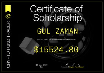 A 'Certificate of Scholarship' from Crypto Fund Trader awarded to 'GUL ZAMAN' in the amount of '$15524.80', dated 18 Aug 2026.
