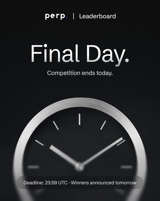 Promotional graphic for the 'perp' Leaderboard competition, displaying 'Final Day' with a clock image and noting the deadline is 23:59 UTC with winners announced tomorrow.