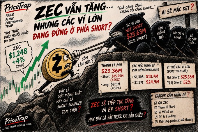 A Vietnamese financial infographic titled "ZEC VẪN TĂNG... NHƯNG CÁC VỊ LỚN ĐANG ĐỨNG Ở PHÍA SHORT?" from PriceTrap analyzing ZEC price positioning with bearish characters pulling a ZEC coin upward, showing statistics including "$23.36M," "$1.308: $13.7M," and "Net Short: $25.63M (52% SHORT)."