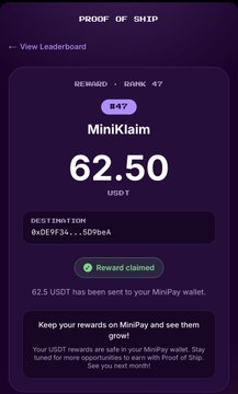 A 'Proof of Ship' reward claim screen showing 62.50 USDT sent to a MiniPay wallet, with the destination address 0x0E9f34...509eA and the user identified as 'MiniKlaim' on the GMNK #7 leaderboard ranking #47.