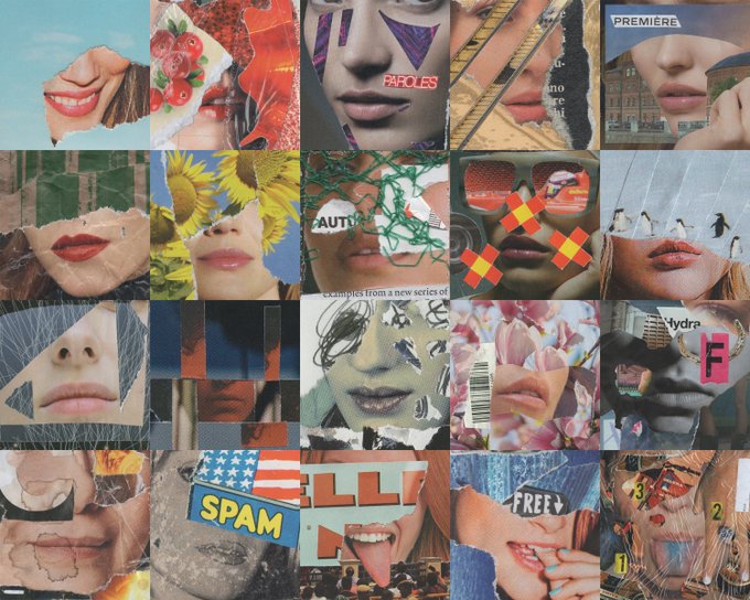 A chaotic collage featuring fragmented faces, lips, eyes, sunflowers, and various cutout elements with text including 'PREMIERE', 'PAROLES', 'AUTUMN', 'SPAM', and 'FREE'.